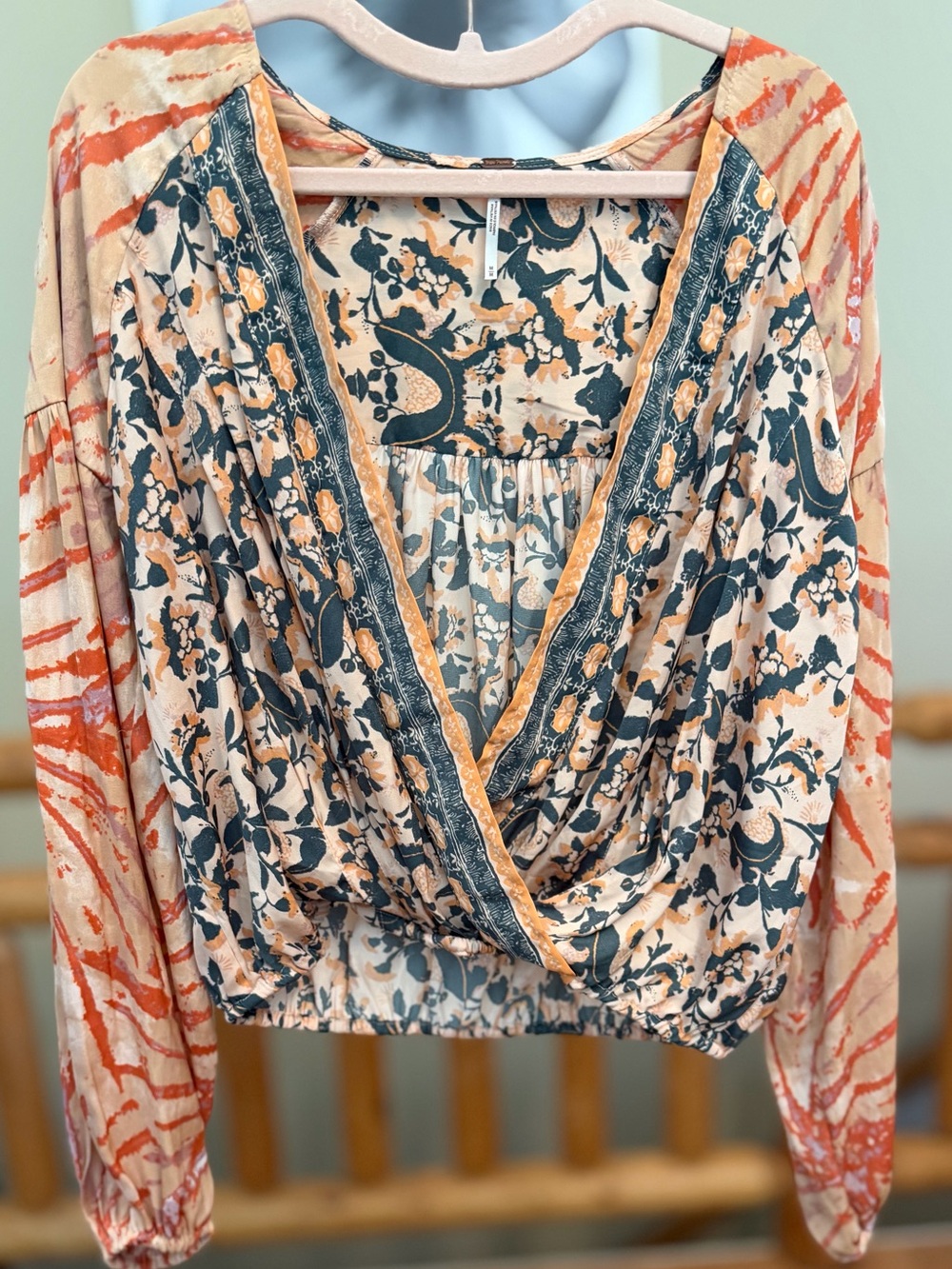 Free People Floral Surplice Blouse in Cream, Teal and Orange